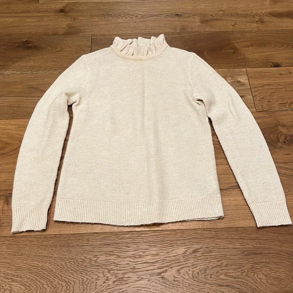 J. Crew Ruffle Neck Long Sleeve Tight Knit Alpaca Blend Cream Sweater Women's M